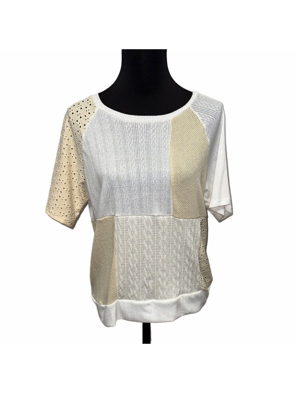 Sugarfox Medium Cream Beige Patchwork Knit Eyelet Top NWT Neutral